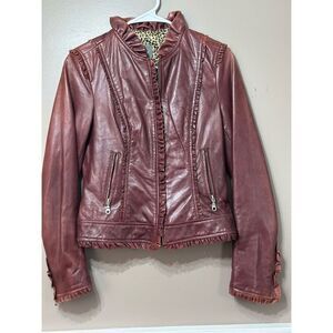 Kenna- T Frill Collar Y2K 90's Burgundy  100% Leather Jacket Women's Medium